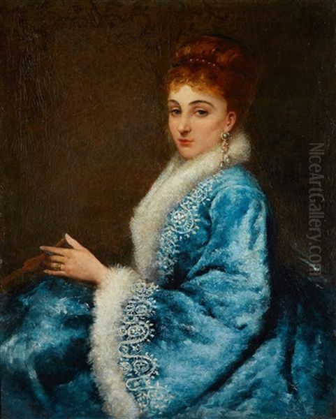 Portrait De Jeune Femme En Robe Bleue Oil Painting by Maurice Poirson