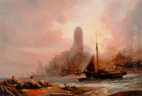 A Ship In A Normandy Bay In Rough Weather Oil Painting by Pierre Alexandre Poitevin