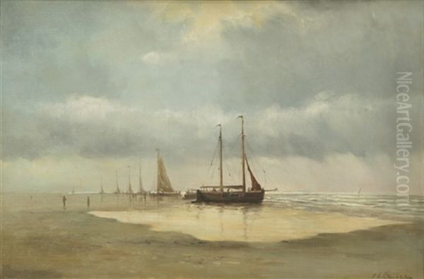 Beached Sailing Ships Oil Painting by Louis Le Poittevin