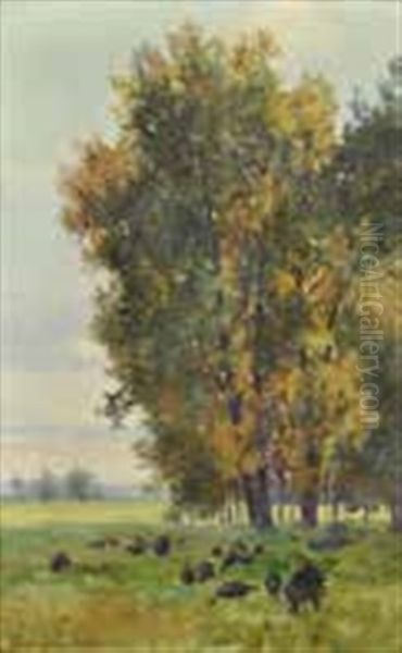 Lichtdurchf Lutete Landschaft Mit Truthuhnerschar Auf Einer Waldlichtung Oil Painting by Louis Le Poittevin