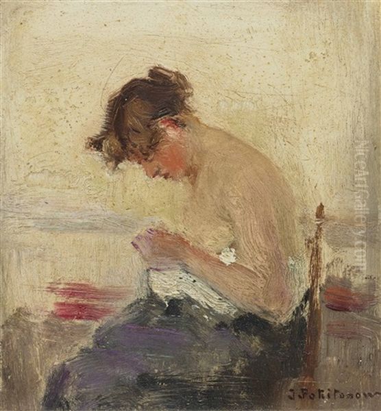 Woman Sewing Oil Painting by Ivan Pavlovich Pokhitonov