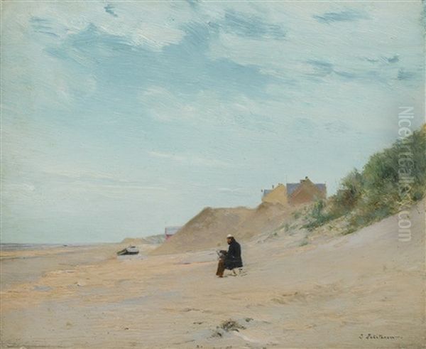 The Artist Painting On The Beach At La Panne Oil Painting by Ivan Pavlovich Pokhitonov