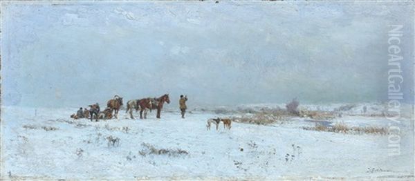 Scene De Chasse En Russie Oil Painting by Ivan Pavlovich Pokhitonov