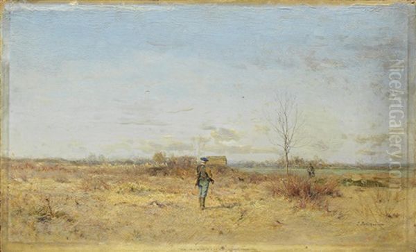 Two Hunters In A Landscape Oil Painting by Ivan Pavlovich Pokhitonov