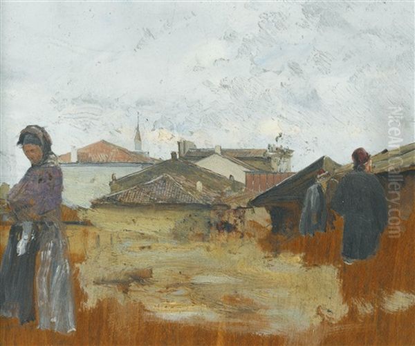 In The Village And A Woman Making Pottery (2 Works) Oil Painting by Ivan Pavlovich Pokhitonov