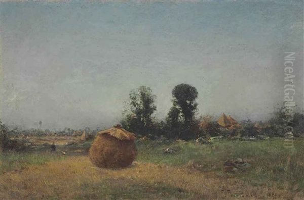 Haystacks In A Landscape Oil Painting by Ivan Pavlovich Pokhitonov