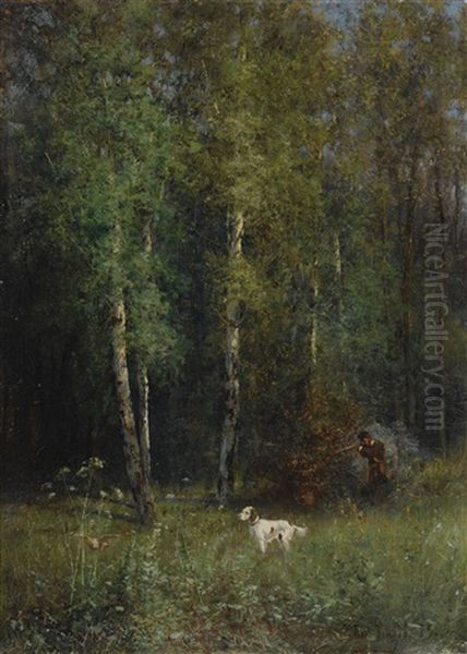 Hunting In The Woods Oil Painting by Ivan Pavlovich Pokhitonov