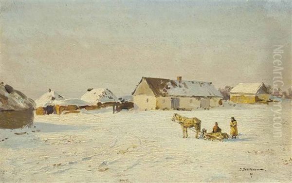 A Farm By Nikolskoe (kherson Governorate), A Wintry Sunny Day Oil Painting by Ivan Pavlovich Pokhitonov