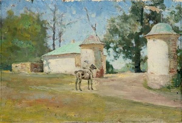 Lev Nikolaevich Tolstoi On A Horse At The Entrance To Iasnaia Poliana (study) Oil Painting by Ivan Pavlovich Pokhitonov