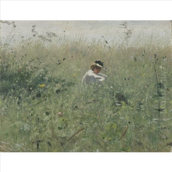 Woman In The Grass Oil Painting by Ivan Pavlovich Pokhitonov