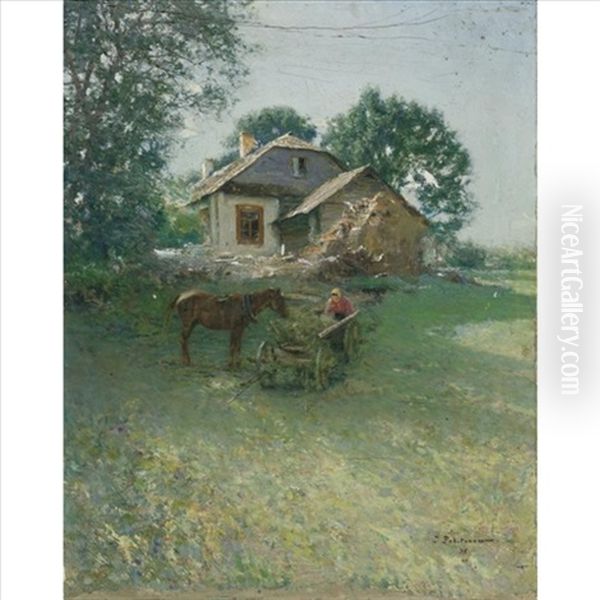 Horse-cart In Front Of The Old House, Minsk by Ivan Pavlovich Pokhitonov