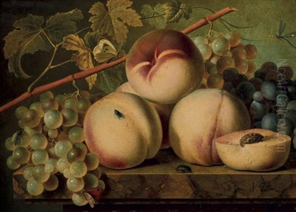 Peches Et Raisins Sur Entablement Oil Painting by Christiaen van Pol