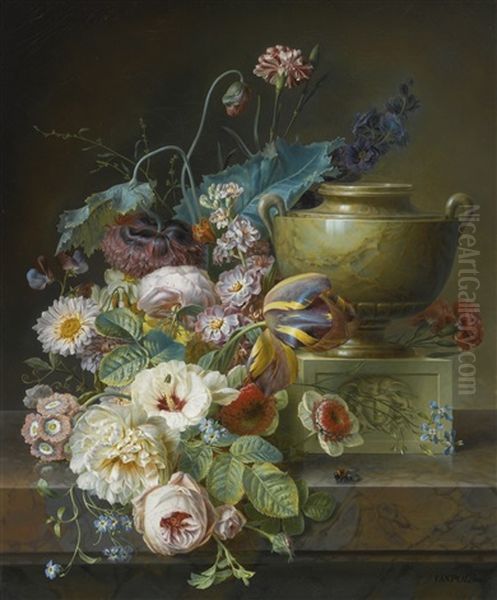 Still Life Of Roses, Tulips, And Other Flowers On A Marble Ledge With A Sculpted Marble Urn Oil Painting by Christiaen van Pol