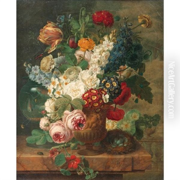 Nature Morte Au Vase De Fleurs, Bocal De Poissons Et Nid D'oiseau Sur Un Entablement Oil Painting by Christiaen van Pol