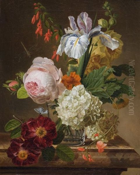 Bouquet De Fleurs Dans Un Vase En Verre Sur Un Entablement De Marbre Oil Painting by Christiaen van Pol