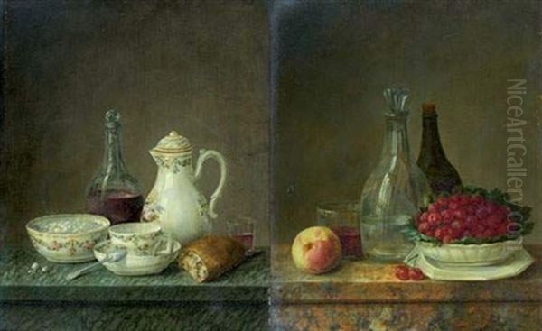 Nature Morte Au Service A The (+ Nature Morte A La Coupe De Cerises; Pair) Oil Painting by Christiaen van Pol