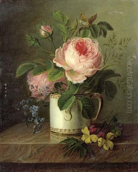 Roses Dans Une Tasse Pres De Pensees Sur Un Entablement Oil Painting by Christiaen van Pol