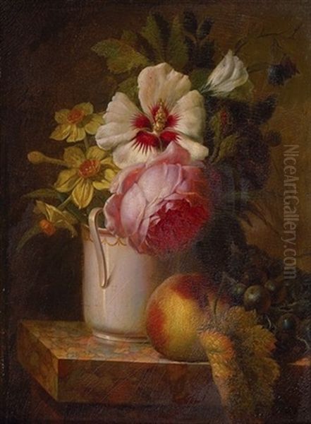 Nature Morte Aux Bouquet De Fleurs, Peches Et Raisins Sur Un Entablement Oil Painting by Christiaen van Pol