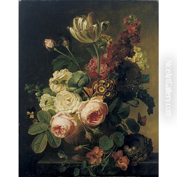 Still Life With A Vase Of Flowers And A Bird Nest On A Ledge Oil Painting by Christiaen van Pol