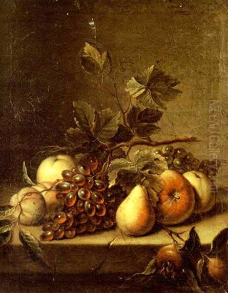 Nature Morte A La Grappe De Raisins, Poires Et Pommes Sur Un Entablement Oil Painting by Christiaen van Pol