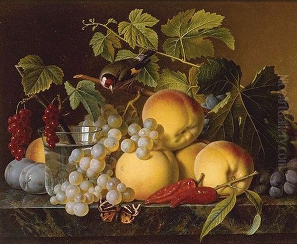 Still Life Of Peaches, Grapes, Plums, Peppers, And A Glass Of Water, All Resting On A Marble Ledge Oil Painting by Christiaen van Pol