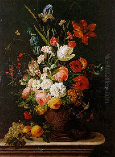 Bouquet De Fleurs Et Fruits Poses Sur Un Entablement Oil Painting by Christiaen van Pol