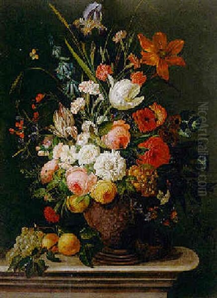 Bouquet De Fleurs Et Fruits Poses Sur Un Entablement Oil Painting by Christiaen van Pol