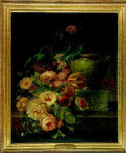 Bouquet De Fleurs Et Vase En Marbre Sur Un Entablement Oil Painting by Christiaen van Pol