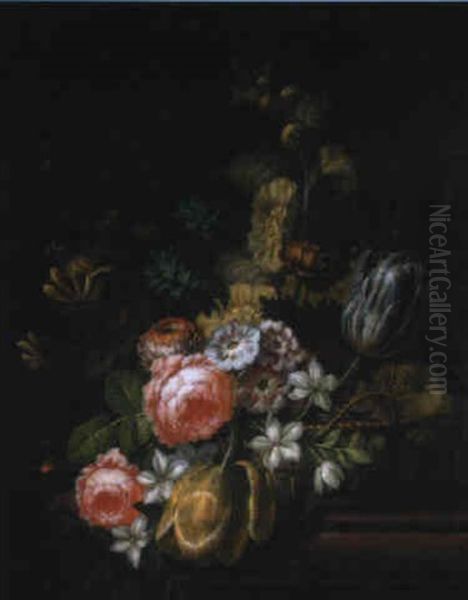 Bouquet De Fleurs Dans Une Corbeille En Osier Sur Un Entablement by Christiaen van Pol