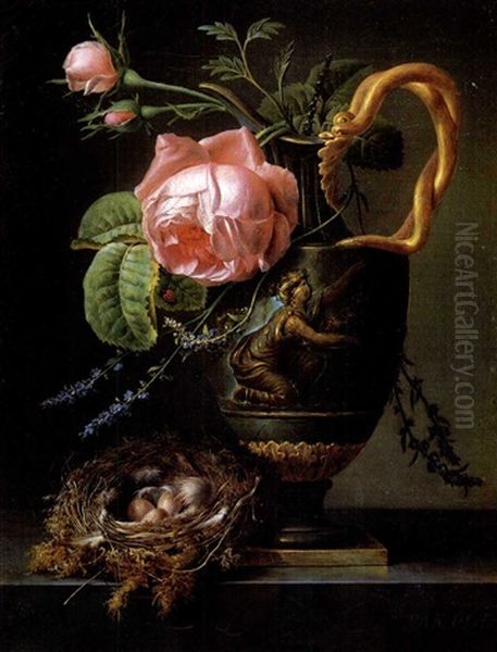 Roses Dans Une Aiguiere Avec Nid Sur Un Entablement Oil Painting by Christiaen van Pol