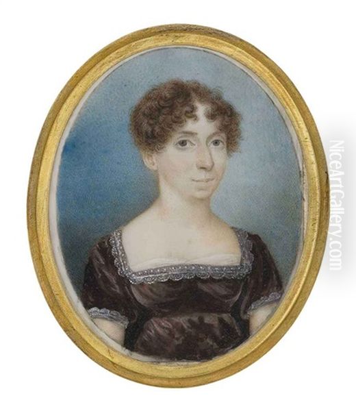 A Young Lady, In Lace-bordered Brown Dress, Her Upswept Hair Dress In Curls Oil Painting by Solomon Polack