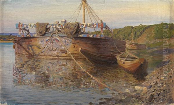 Barge On The River Oka Oil Painting by Vasili Dimitrievich Polenov