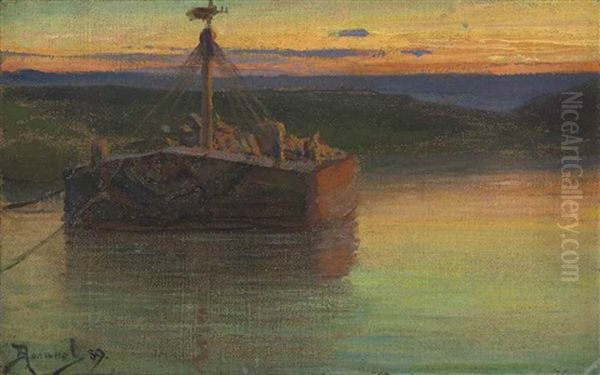 Ferry At Sunset Oil Painting by Vasili Dimitrievich Polenov