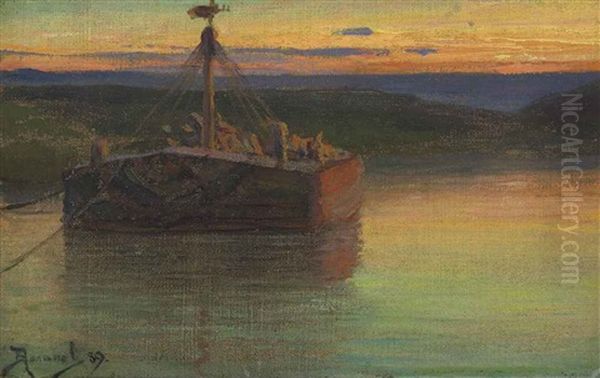 Ferry At Sunset Oil Painting by Vasili Dimitrievich Polenov