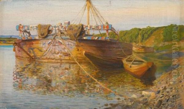 Barge On The River Oka Oil Painting by Vasili Dimitrievich Polenov