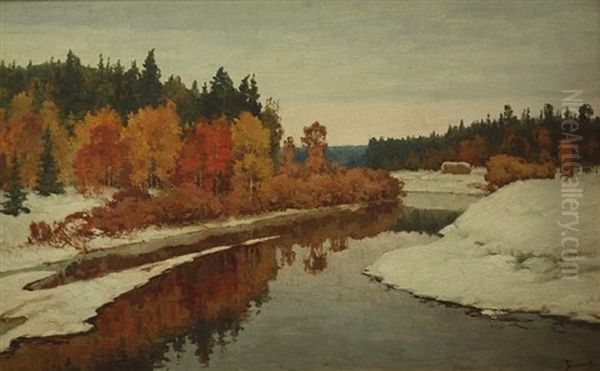 Der Erste Schnee In Weiter Fluslandschaft Oil Painting by Vasili Dimitrievich Polenov