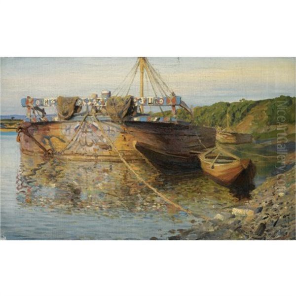 Barge On The River Oka Oil Painting by Vasili Dimitrievich Polenov