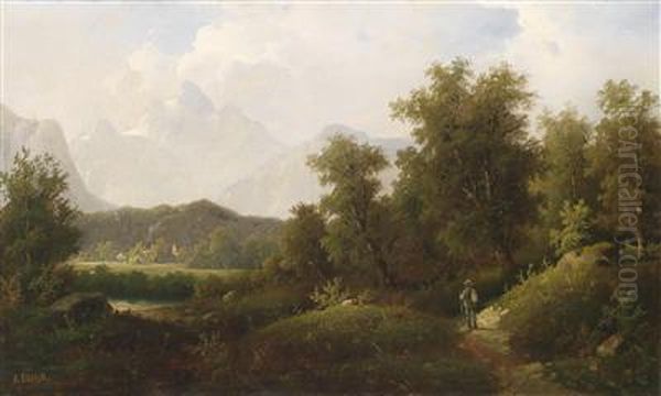 River In A Mountain Landscape Oil Painting by Adolf Bohm