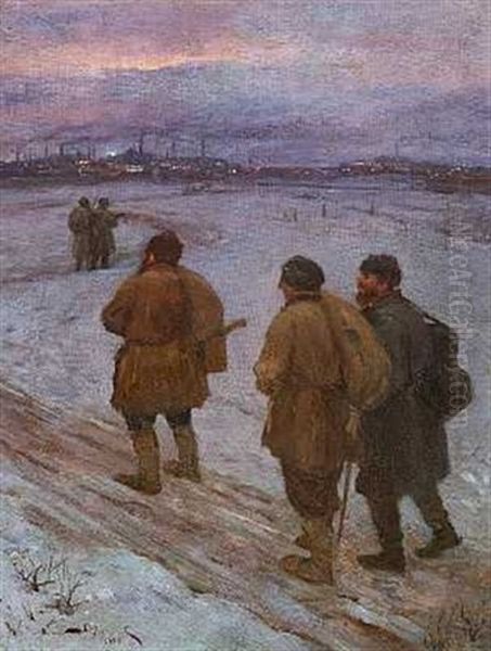 A Winter's Landscape With Vagrants Walking Towards A Big City Oil Painting by Vasili Dimitrievich Polenov