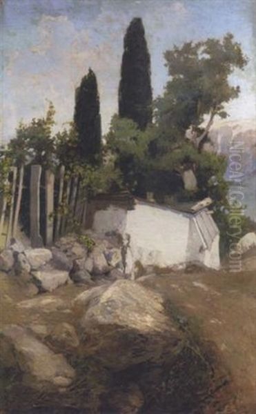 Landscape With Well And Cypress Trees Oil Painting by Vasili Dimitrievich Polenov