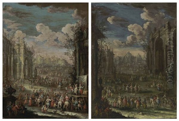 A Capriccio Of Classical Ruins With Musicians And A Country Dance (+ A Capriccio Of Classical Ruins And Players Performing The Commedia Dell'arte; Pair) Oil Painting by Gherardo Poli