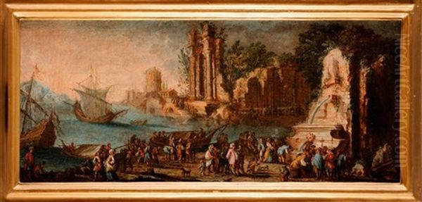 Ruines Antiques Sur Un Rivage Mediterraneen Anime De Nombreux Personnages Oil Painting by Gherardo Poli