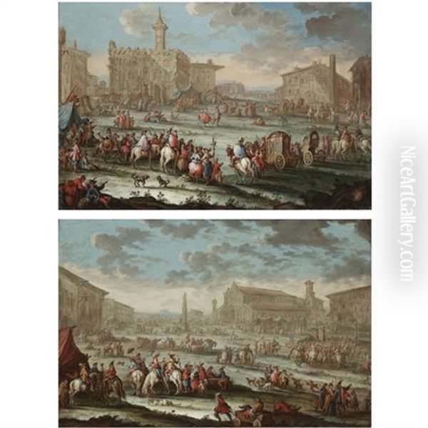 A Capriccio Of A Town With Elegant Figures Arriving On Horseback And In Carriages, A Couple Dancing In The Centre Of The Square (+ A Capriccio Of A Town With Figures On Horseback Resting For Refreschments, A Man Being Drawn Iin A Cart In The Foreground; P Oil Painting by Gherardo Poli