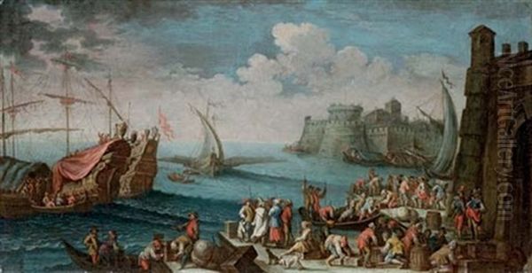 A Mediterranean Harbour With Stevedores And Other Figures On The Quay, Men'o-war And Other Shipping Beyond Oil Painting by Gherardo Poli