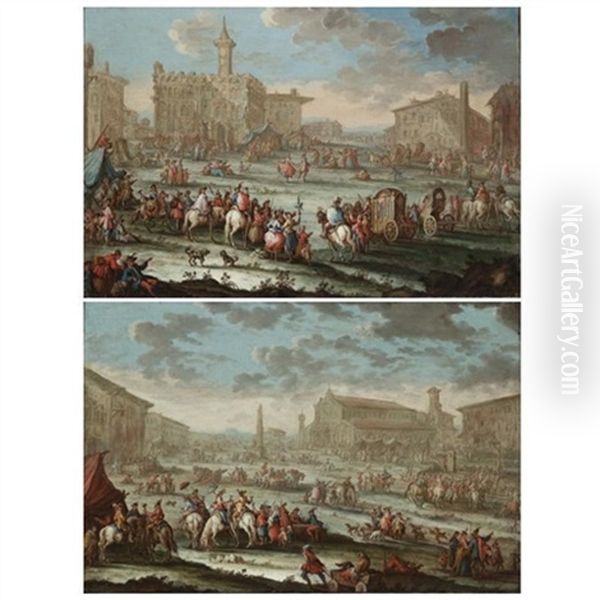 A Capriccio Of A Town With Elegant Figures Arriving On Horseback And In Carriages (+ A Capriccio Of A Town With Figures On Horseback Resting For Refreshments; Pair) Oil Painting by Gherardo Poli