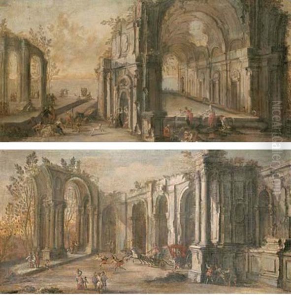 Washerwomen And Other Figures Among Architectural Ruins (+ An Elegant Carriage Dashing Through Architectural Ruins; Pair) Oil Painting by Gherardo Poli