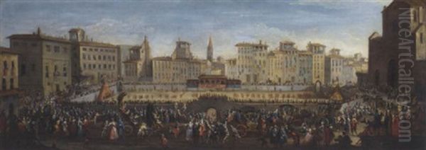 The Piazza Santa Croce Florence, Looking North, With The Festa Del Calcio Oil Painting by Gherardo Poli