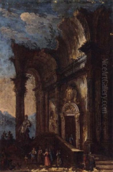 Elegant Company Conversing Before A Capriccio Of Classical Ruins Oil Painting by Gherardo Poli