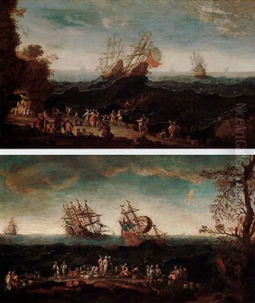 Capriccio Con Sbarco Di Mercanti In Un Approdo Da Galeoni Sul Mare In Burrasca Oil Painting by Gherardo Poli