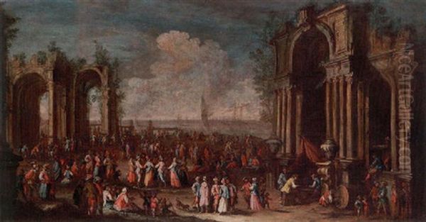 A Capriccio Of Numerous Figures On The Quayside Beneath Roman Ruins Oil Painting by Gherardo Poli